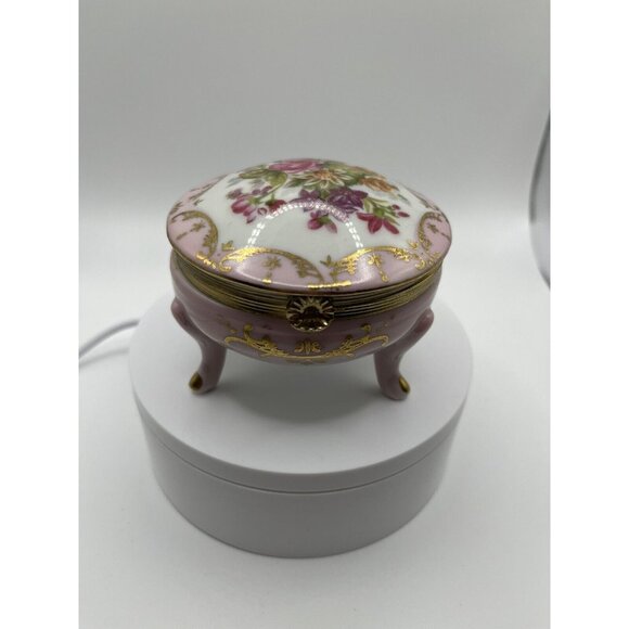 Porcelain Hand Painted Trinket Box Hinged Lid 4 Pedestal Legs Pink Floral VTG - Picture 1 of 16